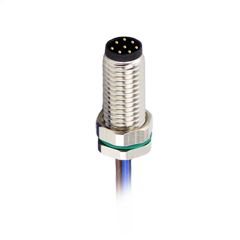 M8 8pins A code male straight front panel mount connector,unshielded,single wires,brass with nickel plated shell